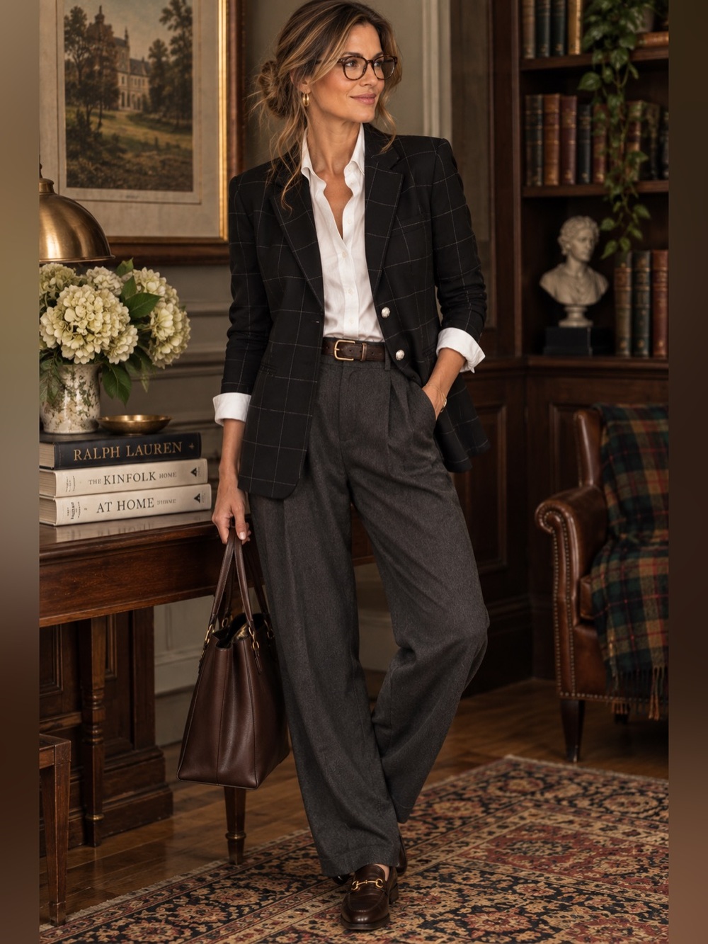 Lauren Ralph Lauren Black Windowpane Linen Blazer 2 Button Academia Size 12